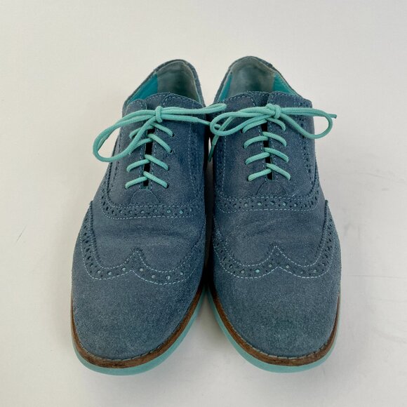 Women's Cole Haan Blue Suede Alisa Wingtip Lace Up Oxfords Shoes, Sz 7.5 - Picture 2 of 9